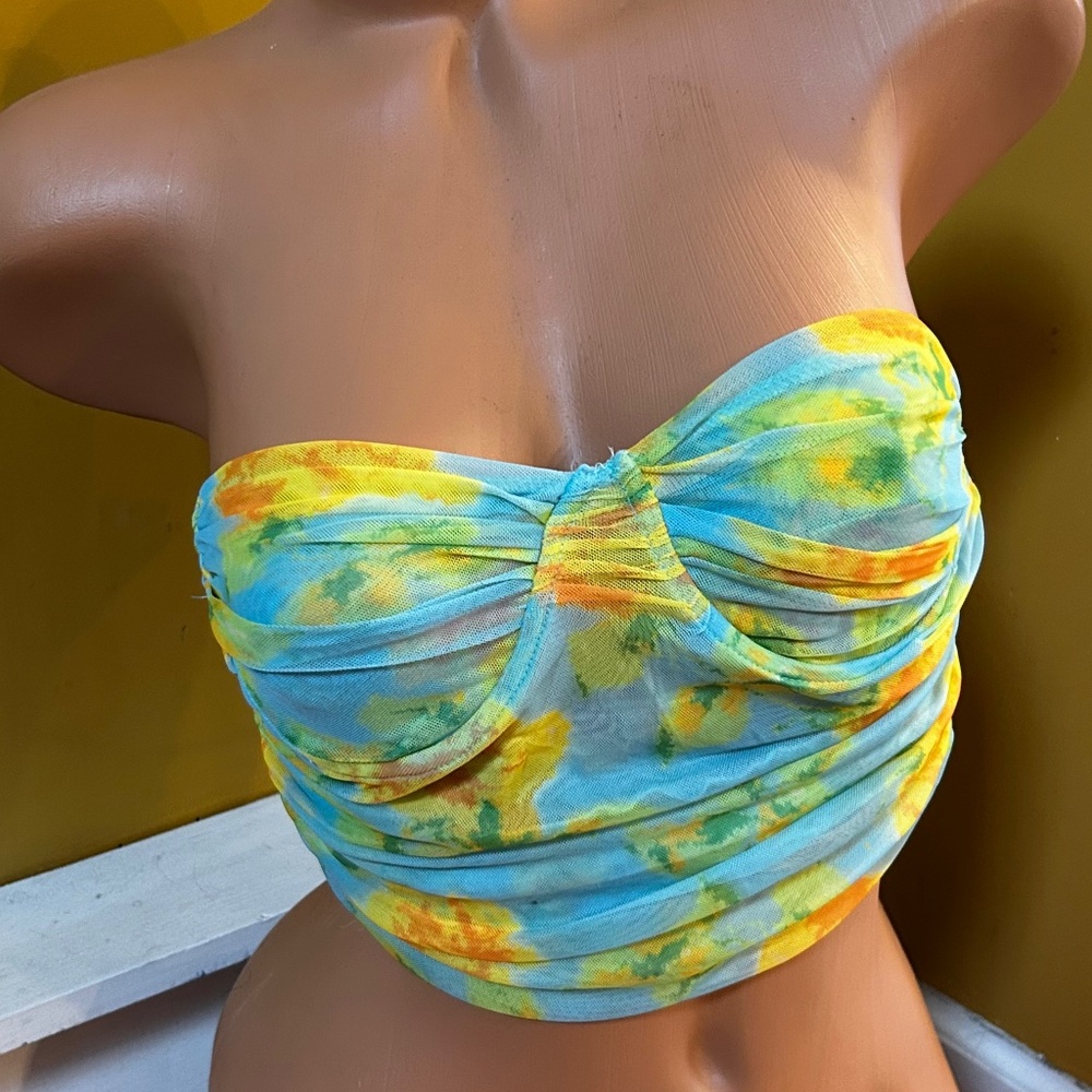 ZARA TULLE MESH CORSET FLORAL CROPPED TOP green yellow blue neon